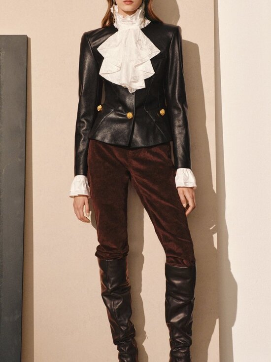 MODA ME COUTURE Jackets & Blazers - Black Elegant Women's Waist-Cinched Round Neck Faux Leather Jacket